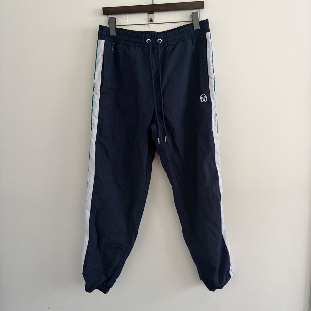 Sergio Tacchini Mens Navy Blue Nylon Track Pants Large Side Stripe